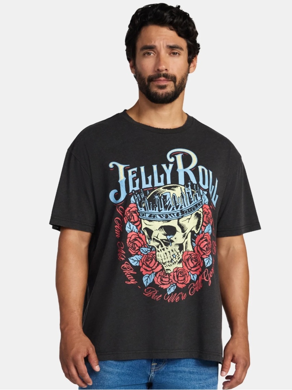 Jelly Roll Black Graphic Skull Tee with Rose Print $3 5/$15